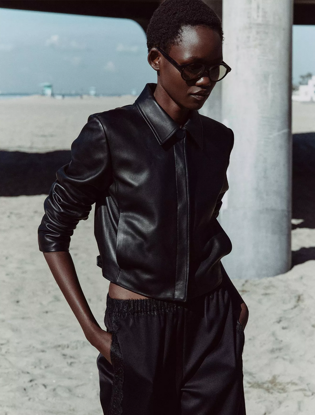 leather cropped jacket in black