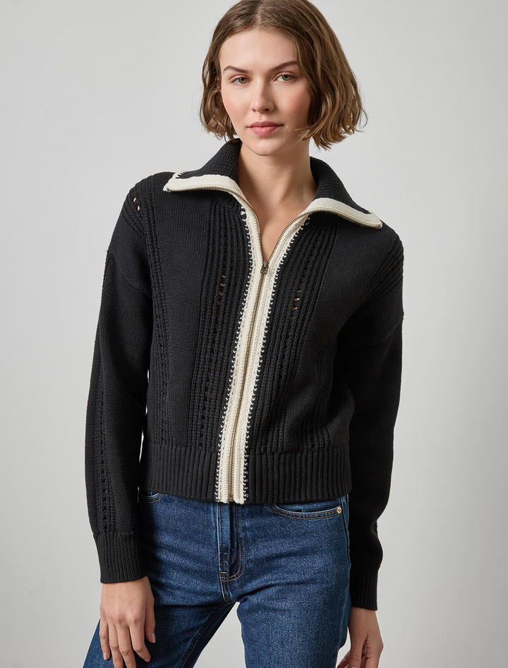 contrast collar zip cardigan in black