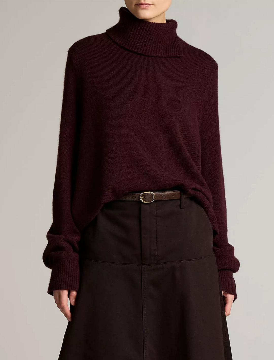 swing turtleneck slit sweater in plum