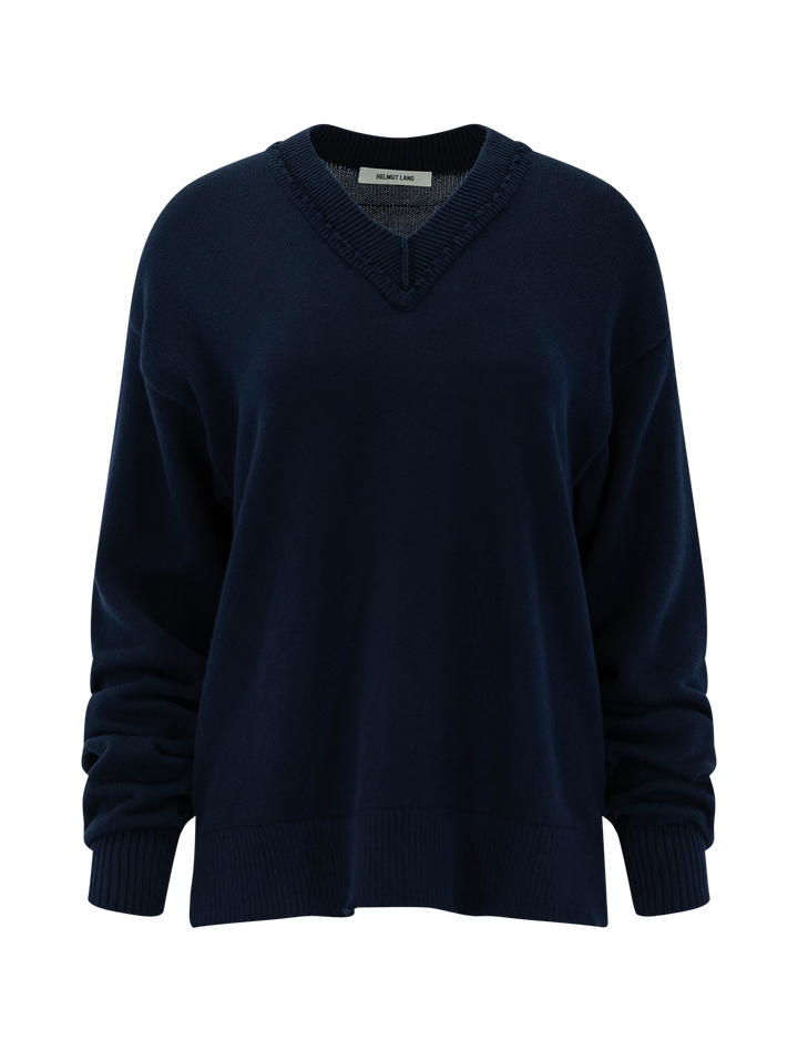 distressed v neck sweater in dark navy