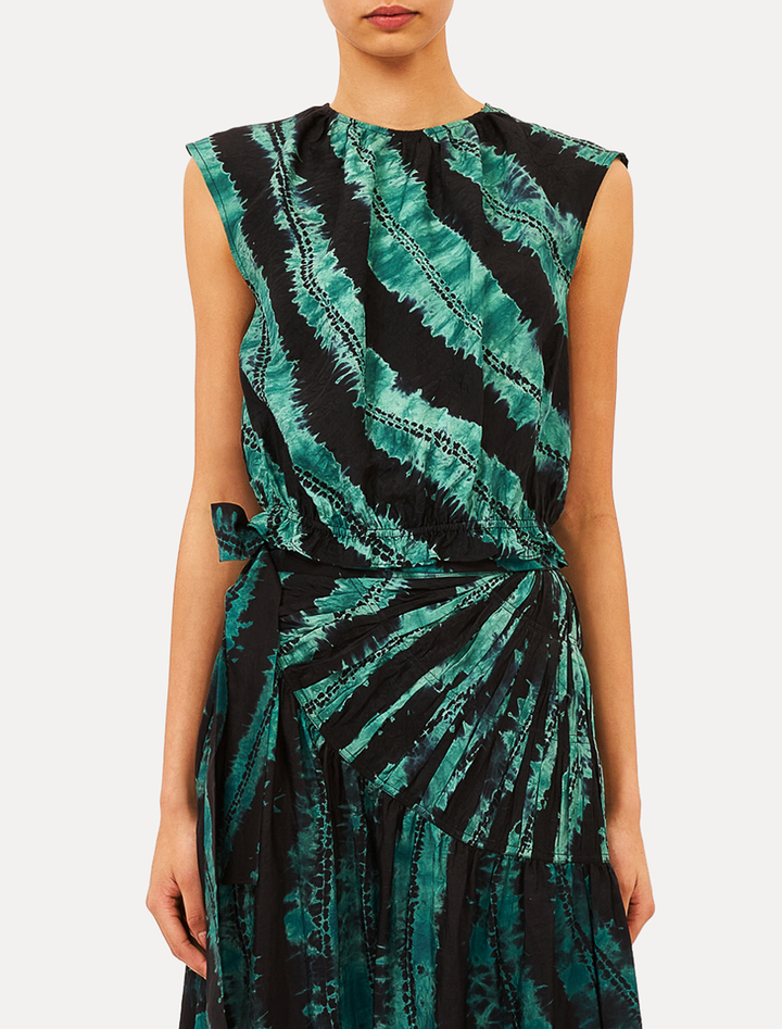 kaia shibori dyed top on habotai silk in malachite