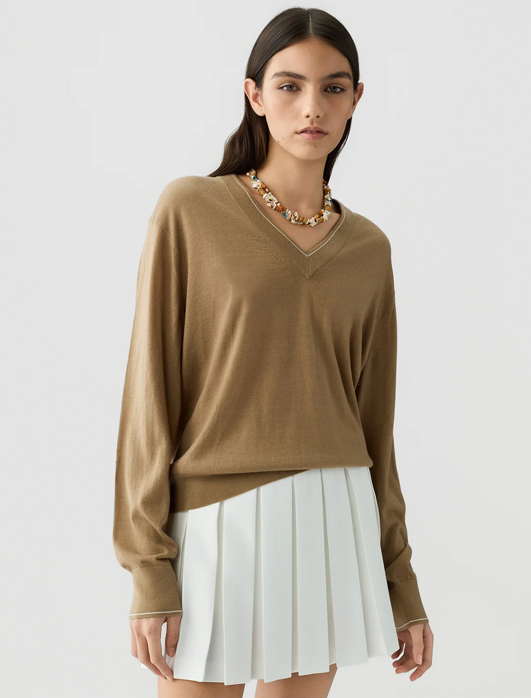 the airy v neck in camel and cream
