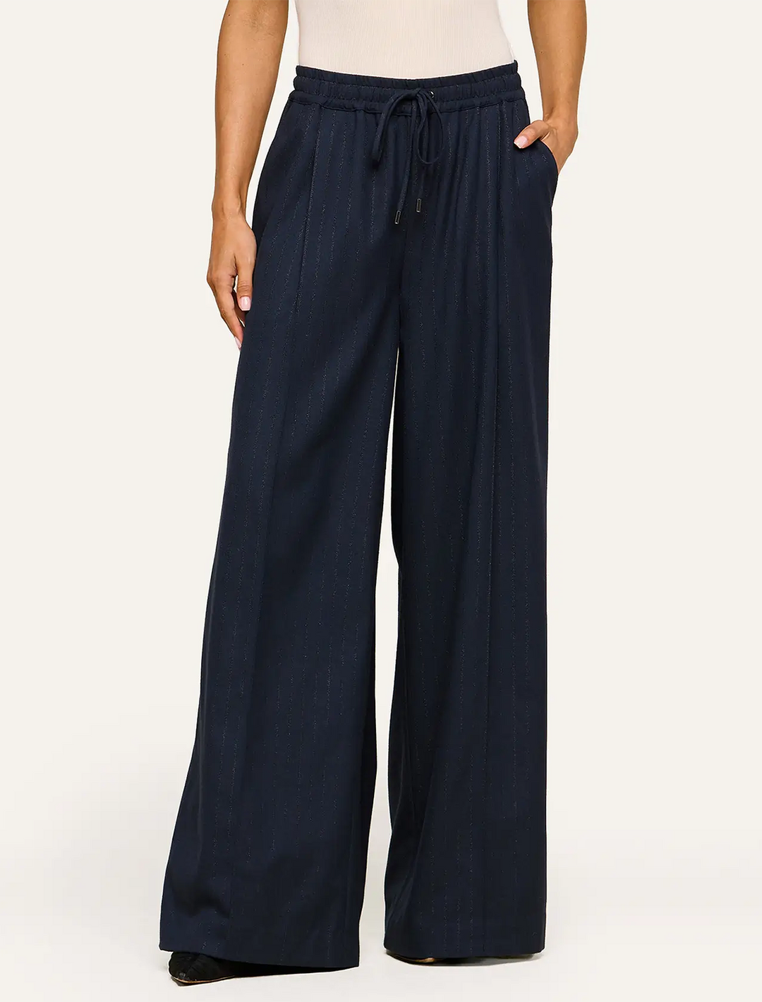 connie drawstring trouser in midnight pinstripe
