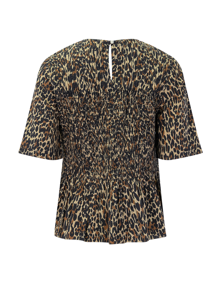 the smocked flounce top in tan leopard