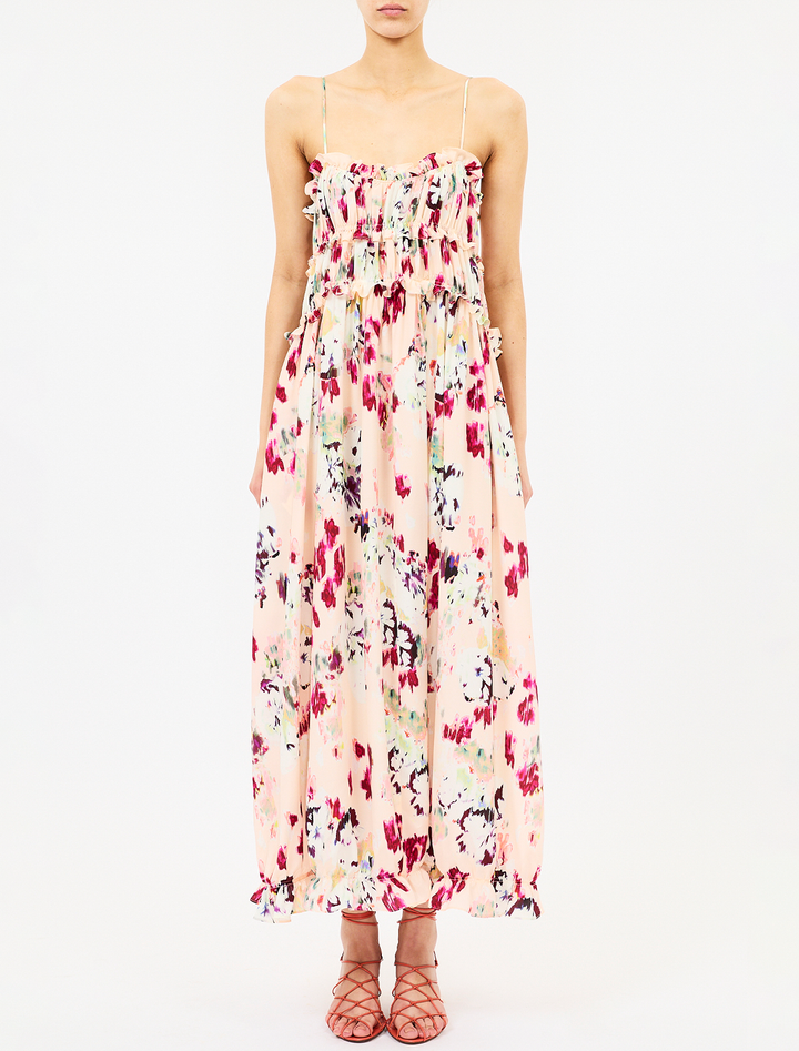 clove cami silk dress in summer garden