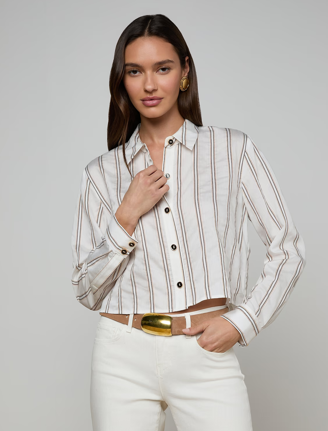 cosette shirt in ivory, khaki, and black stripe