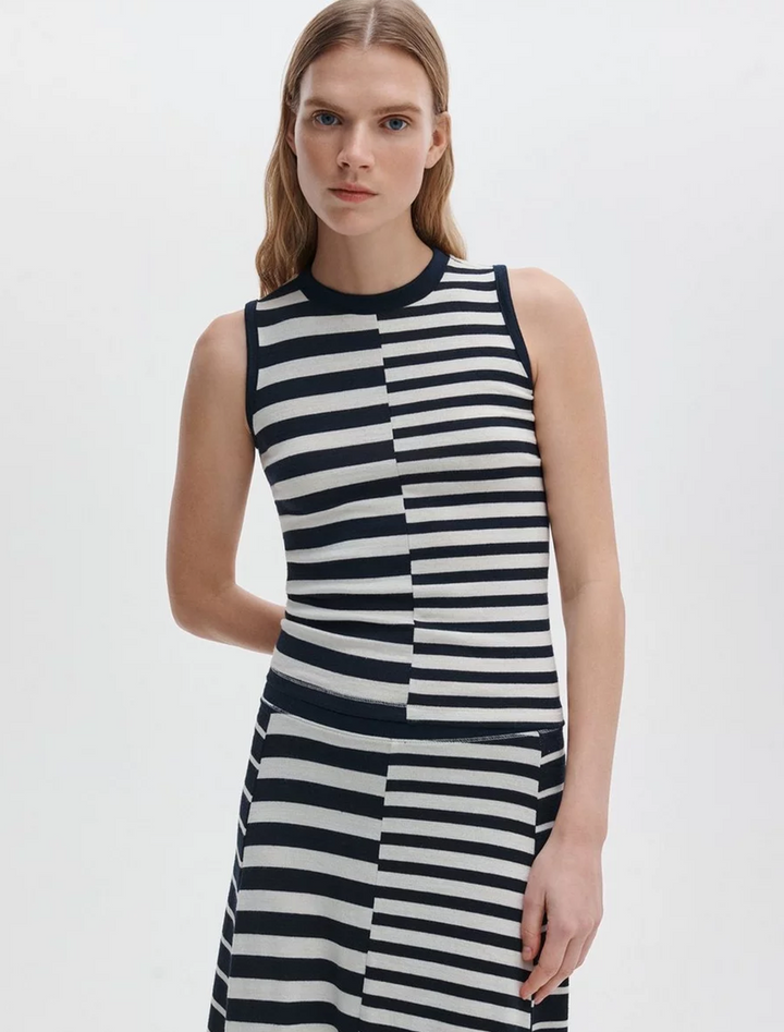 the knit mixed stripe tank in salut navy and white