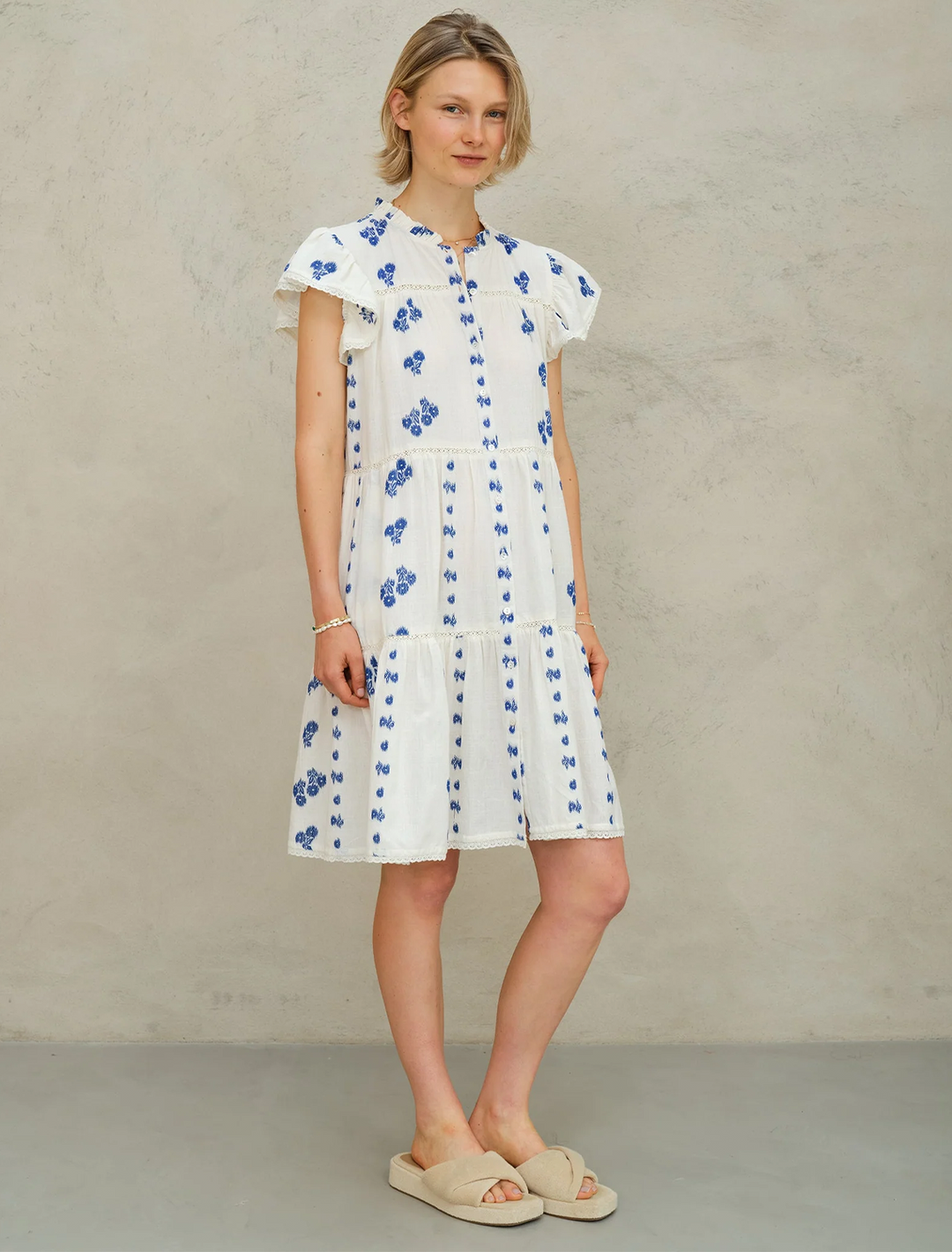 iris woven frill dress in blue