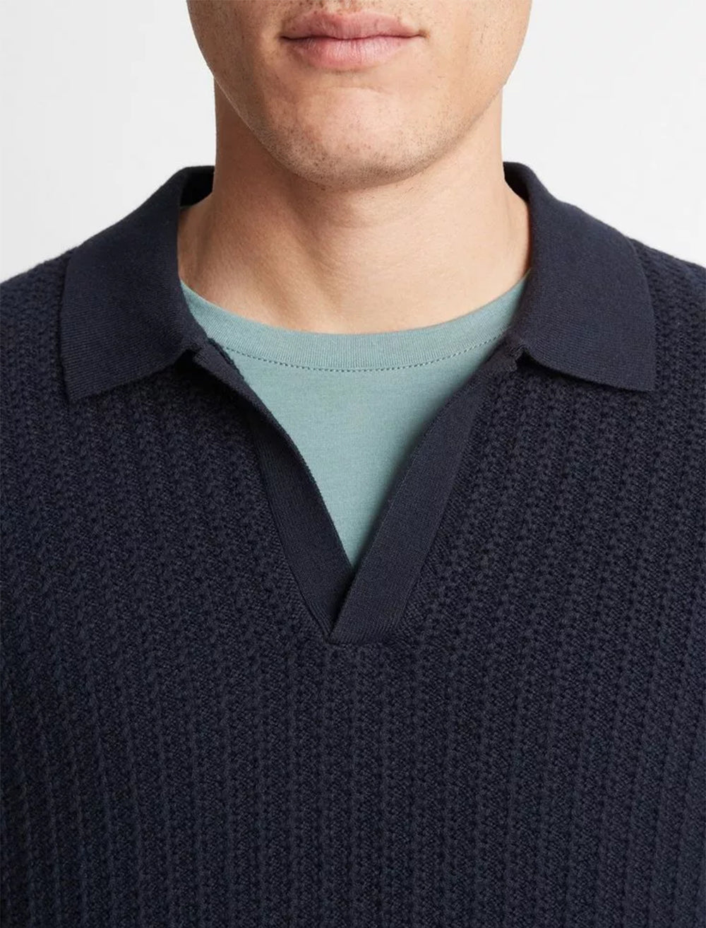 mens crafted rib s/s johnny collar sweater in coastal (2)