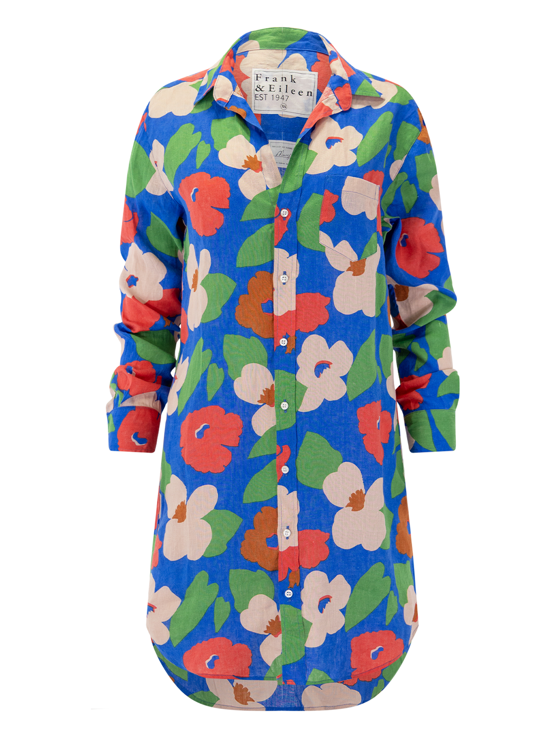 mary dress in bright blue floral