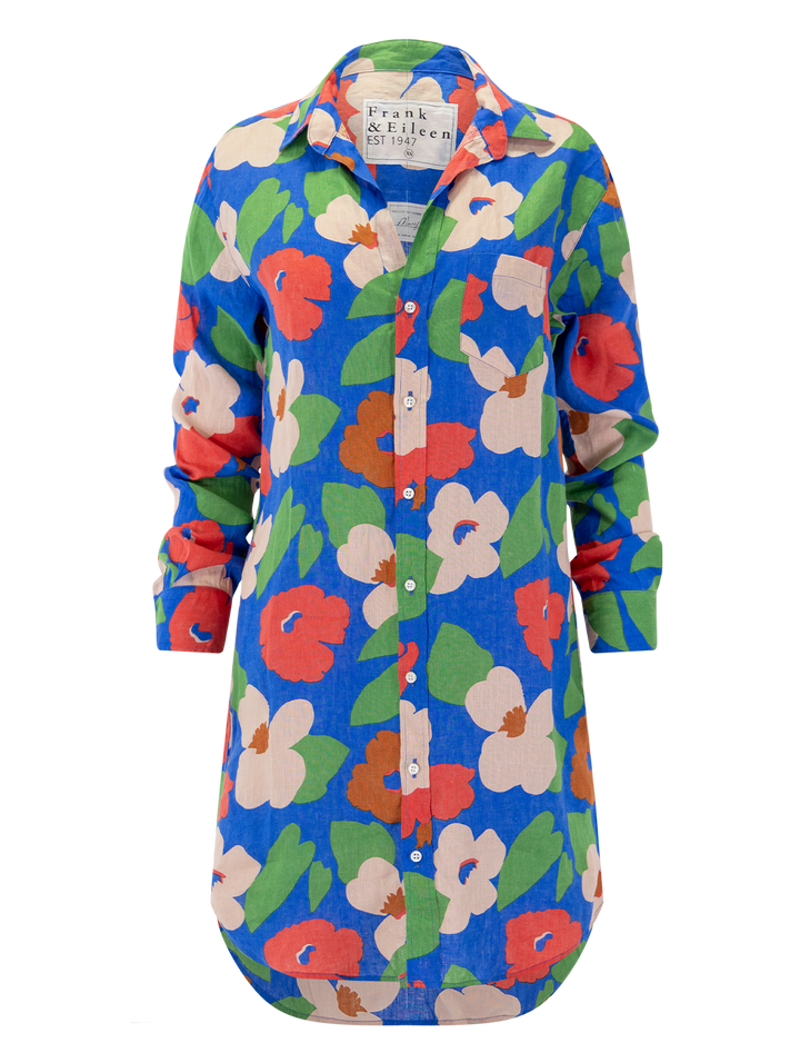 mary dress in bright blue floral