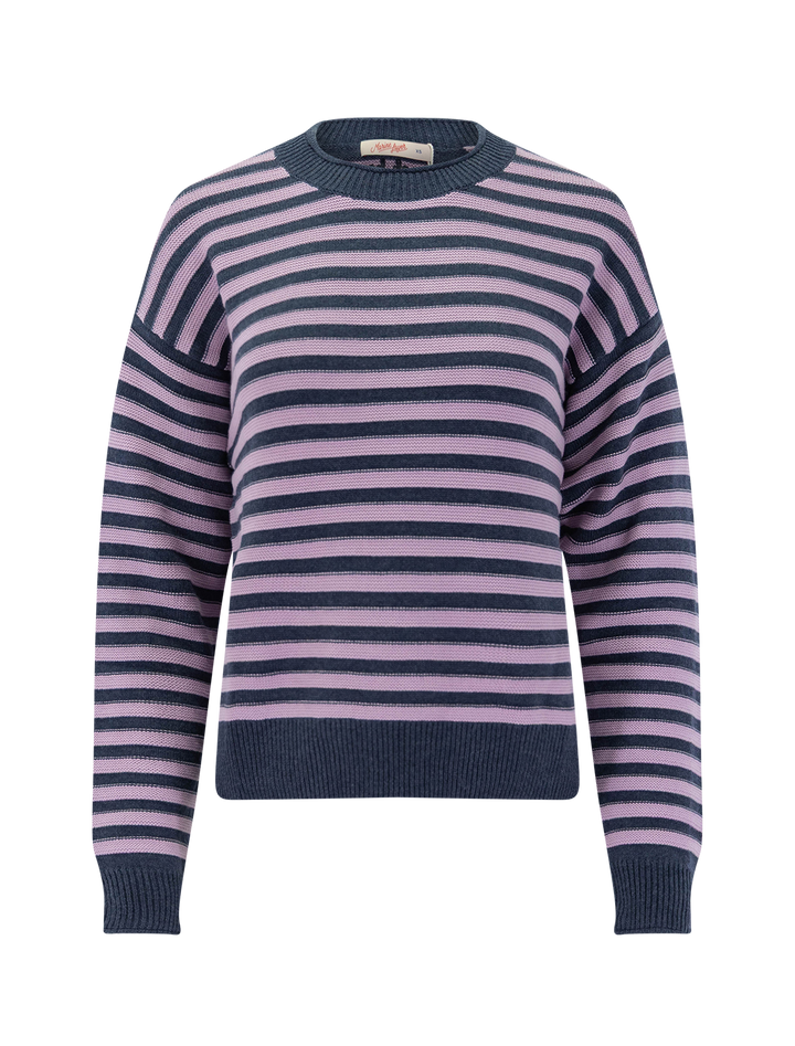 suki crewneck sweater in navy and lilac stripe