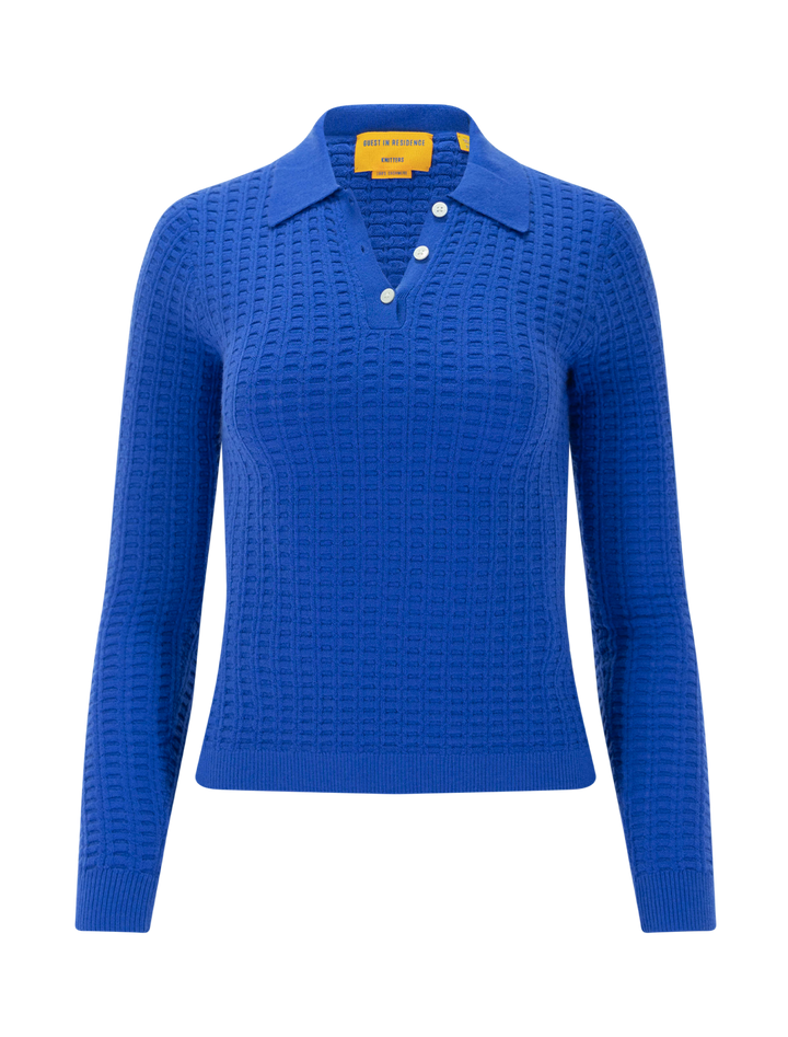 long sleeve shrunken waffle polo in reservoir