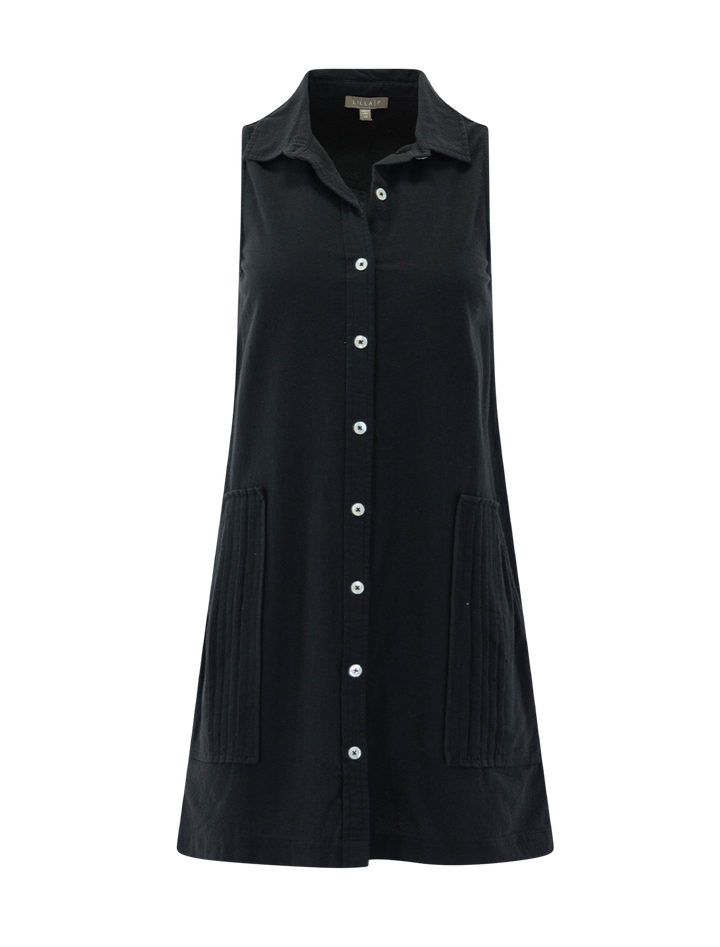 sleeveless pleat pocket dress in black