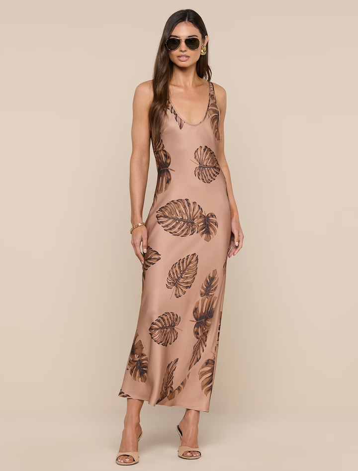 akiya satin maxi dress in hazelnut palms