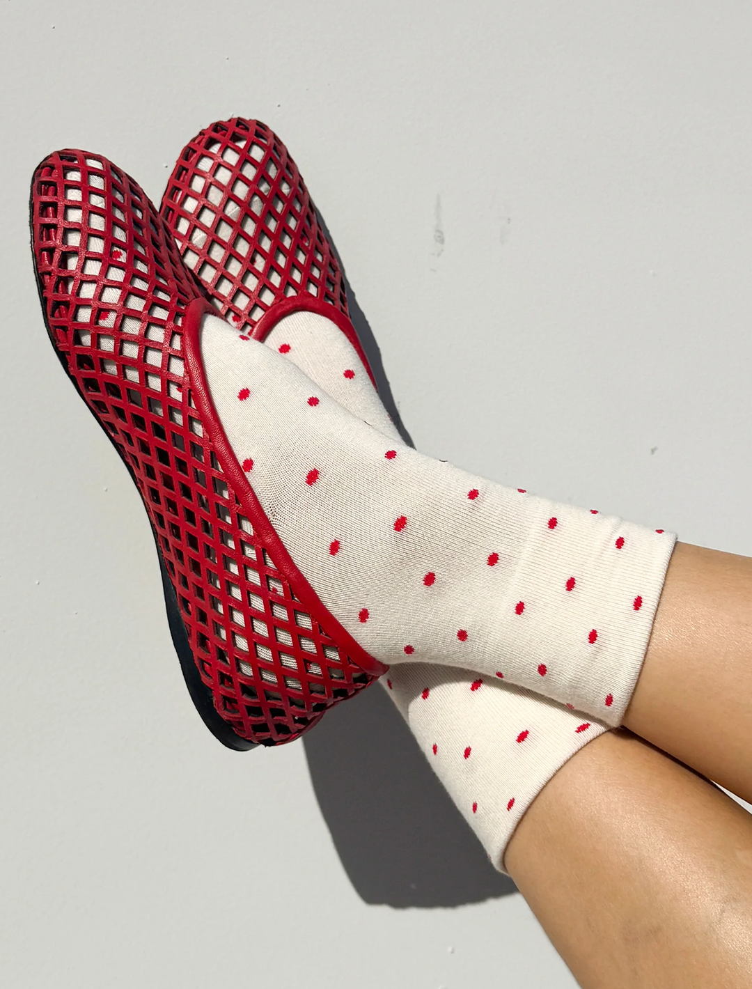polka dot socks in cream + red