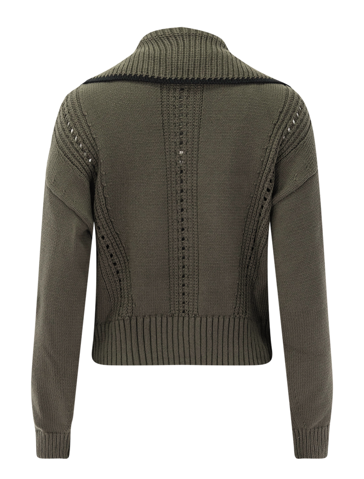 contrast collar zip cardigan in olive