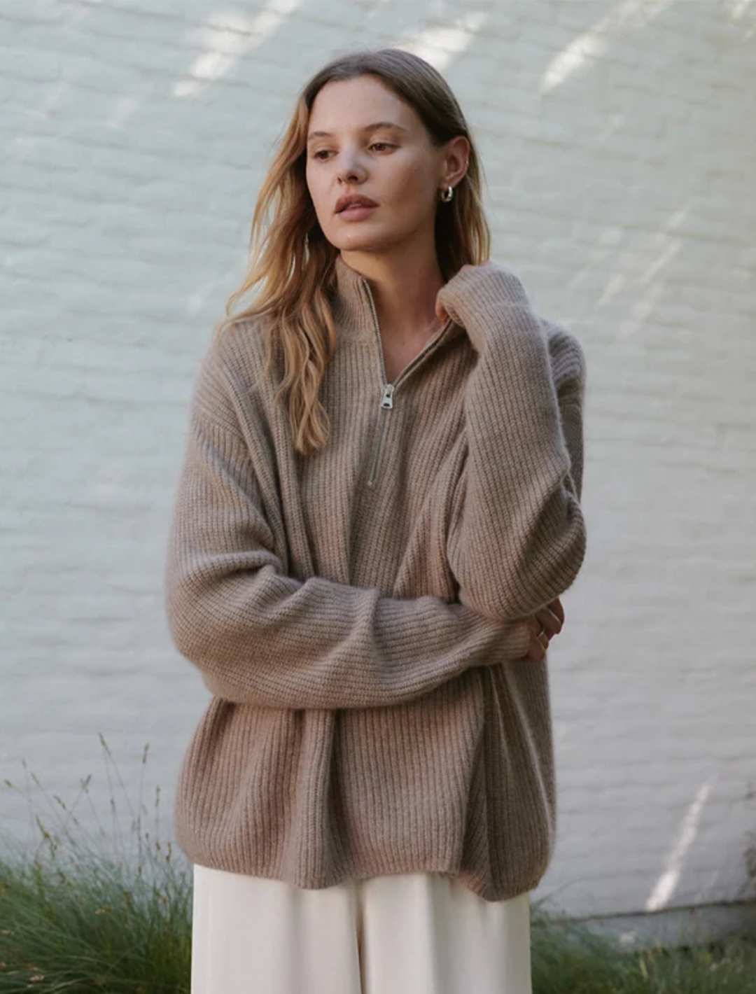 cashmere half zip in undyed stone