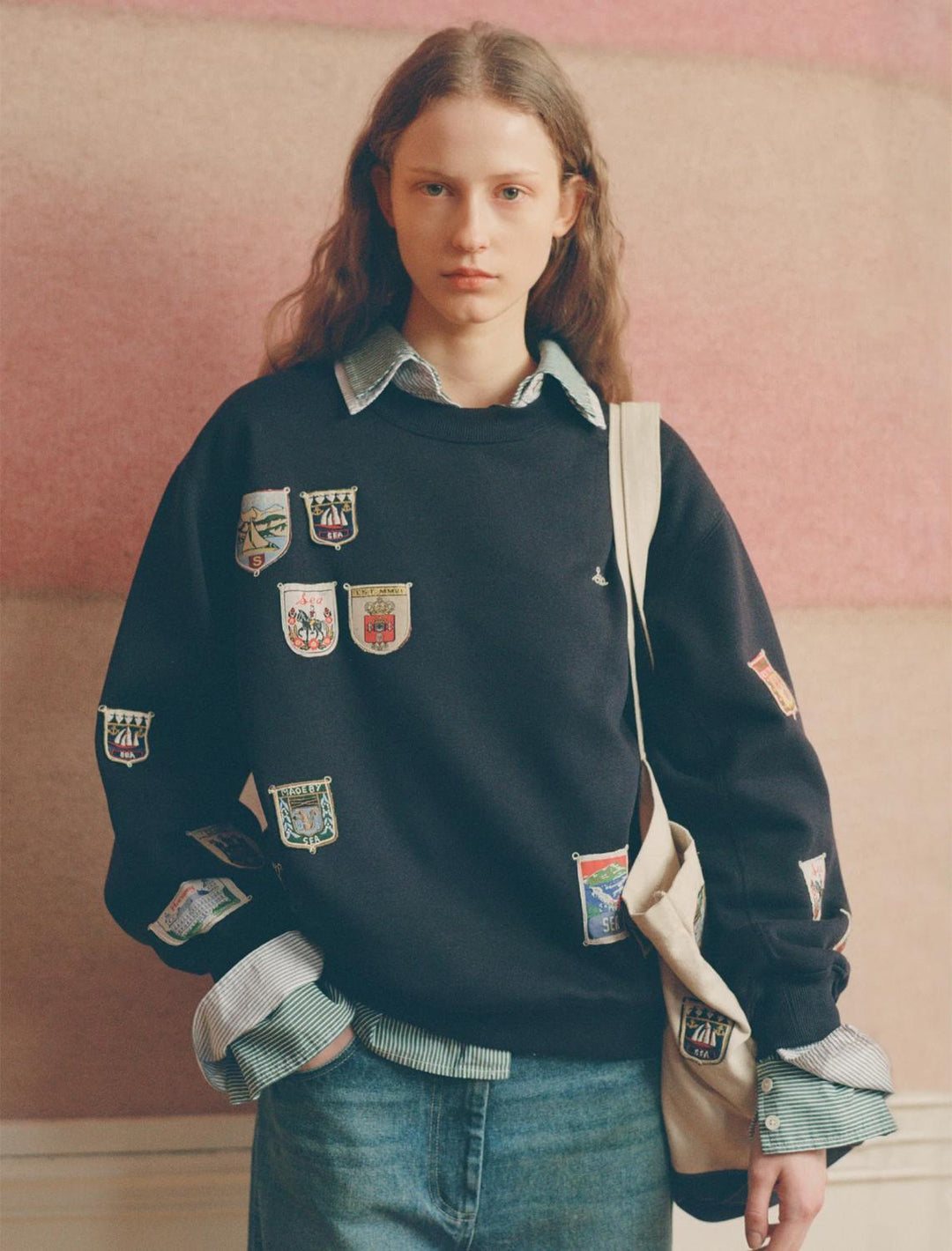 davis patchwork sweatshirt in navy
