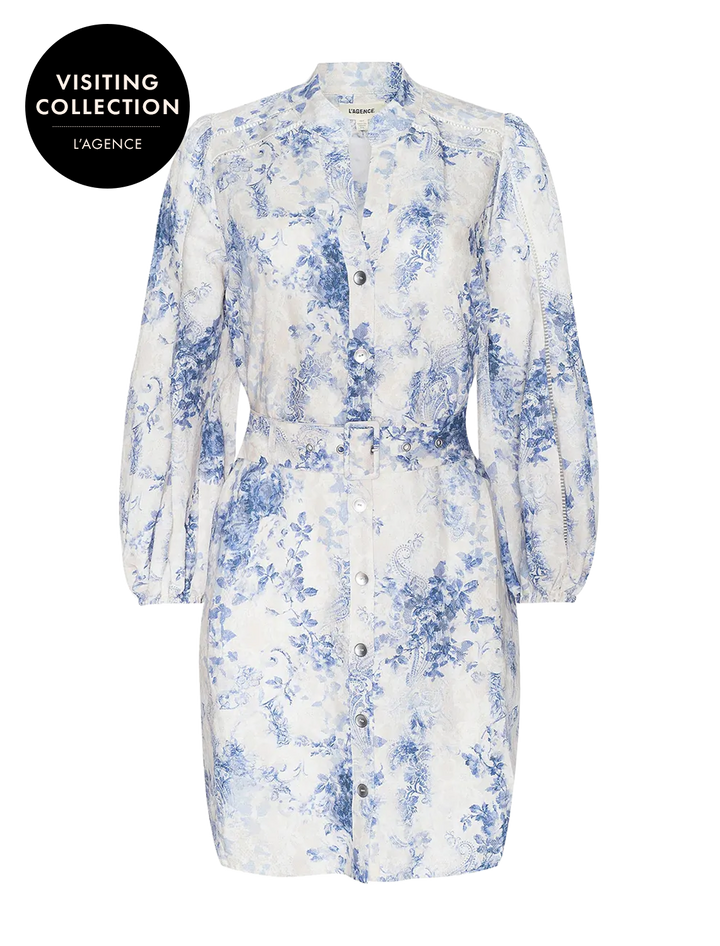 kiersten dress in ivory and blue watercolor lace paisley