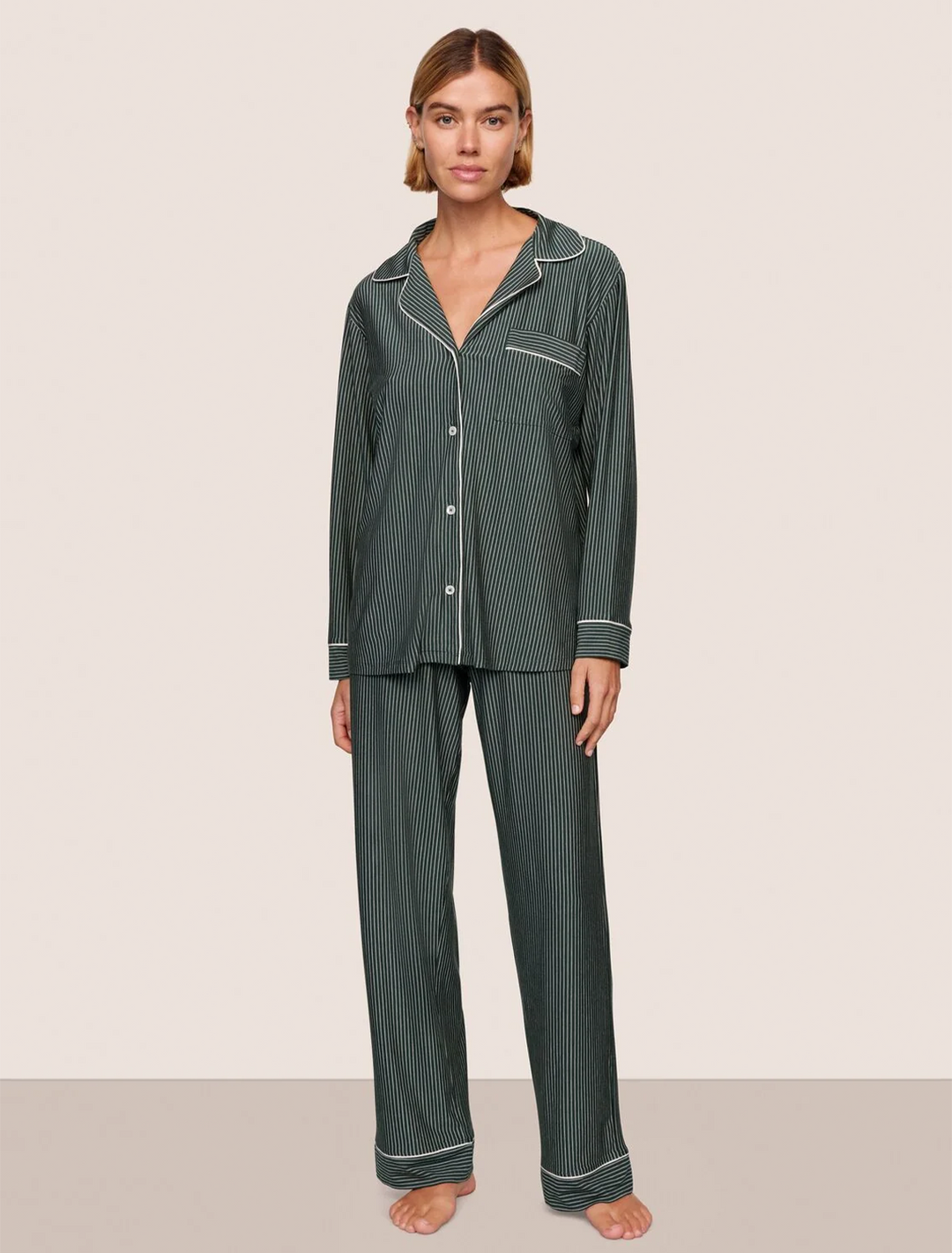 gisele pajama set in holly pine and ivory stripe print