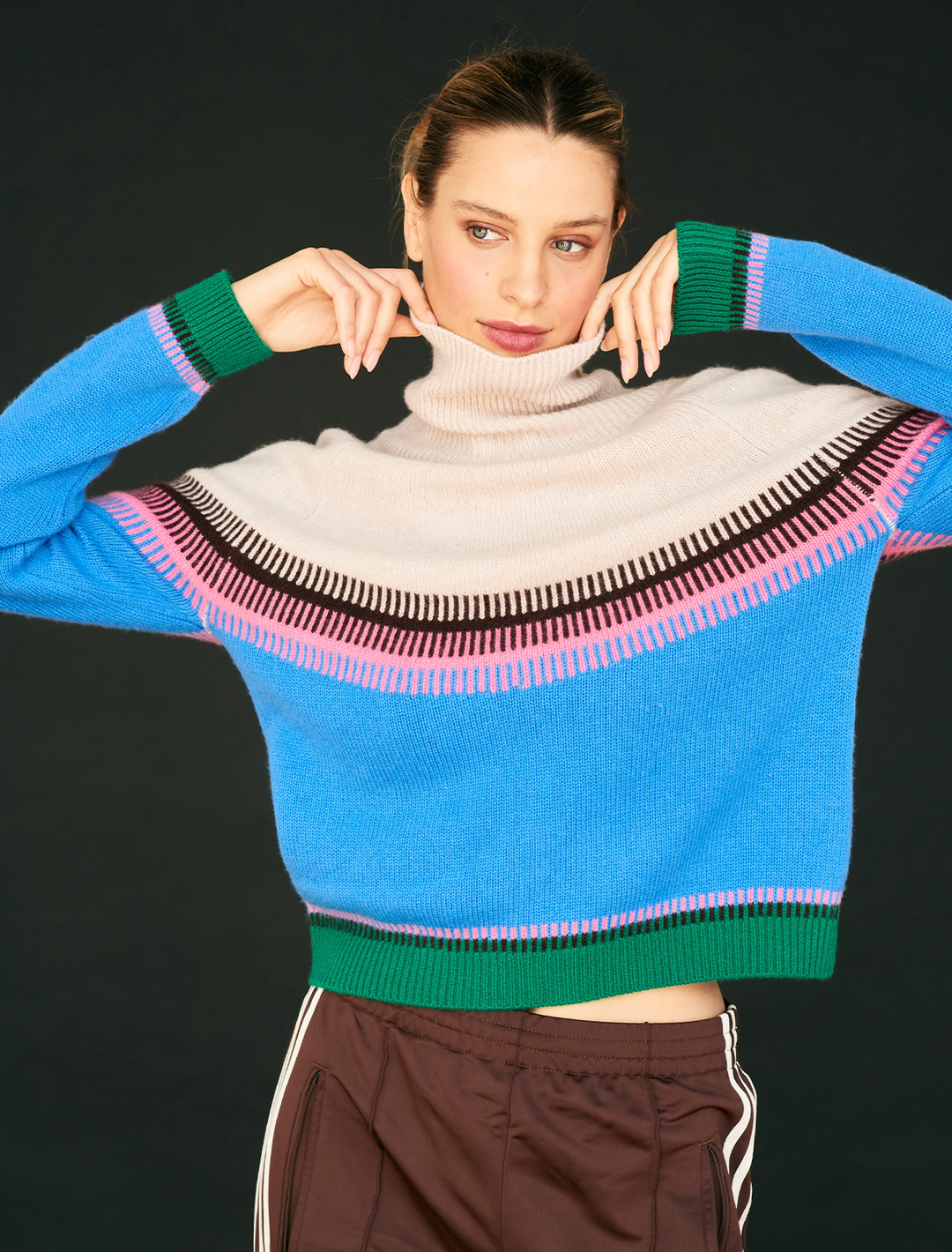 fairisle roll collar sweater in light rose multi