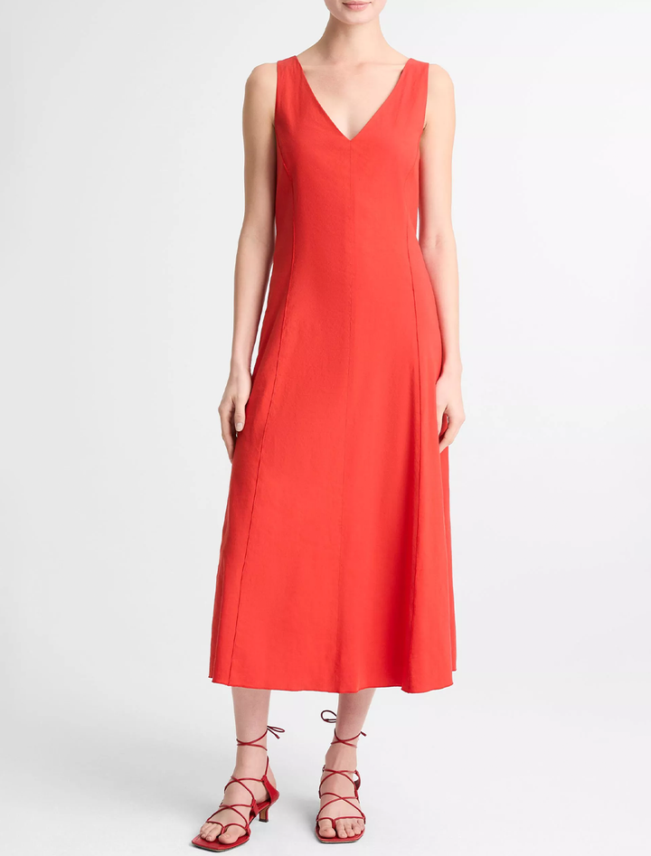 v-neck linen dress in poppy