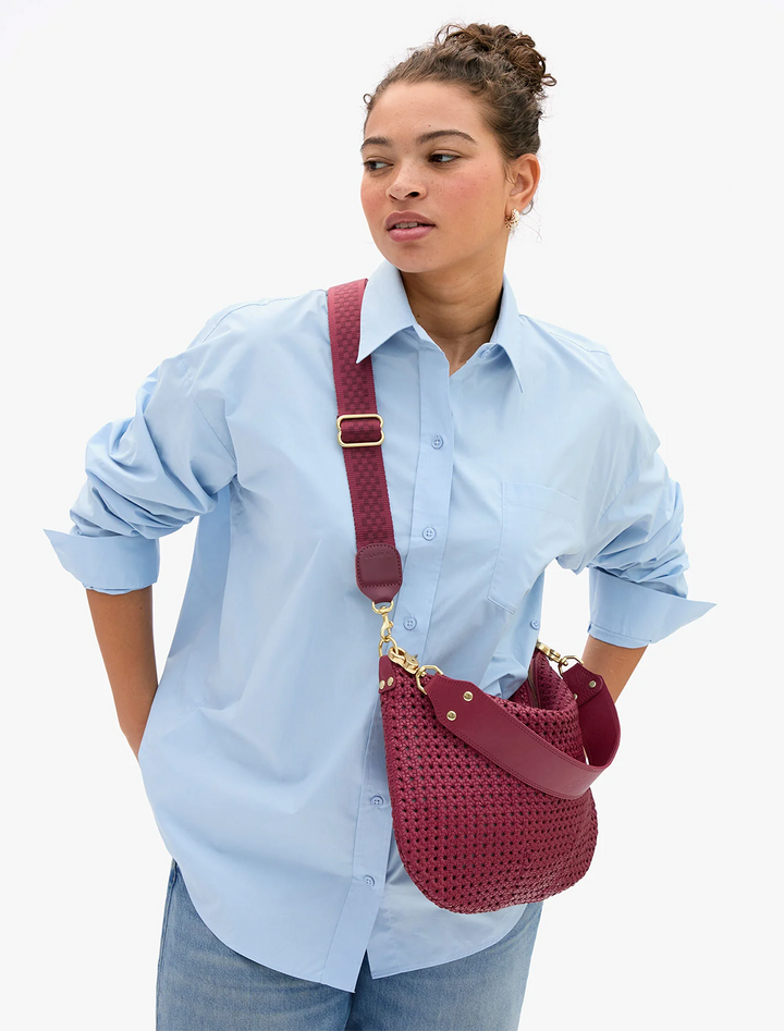 adjustable crossbody strap in plummy checkered