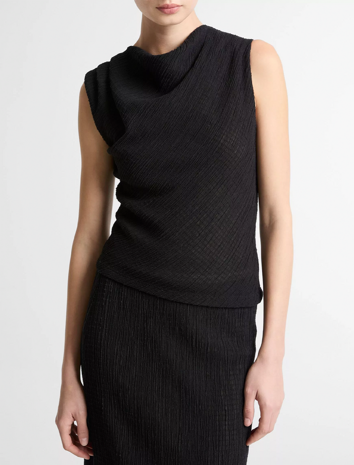 shadow grid cowl neck top in black