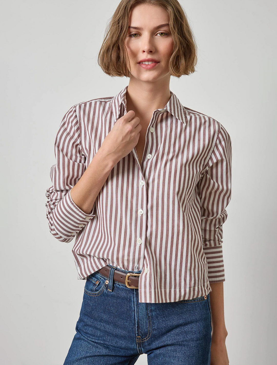 straight fit short button down in chestnut stripe