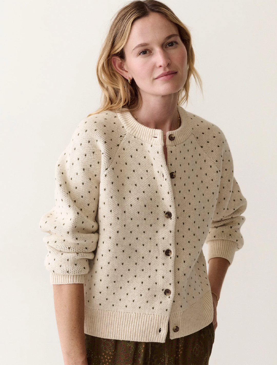 iris cardigan in oatmeal and olive