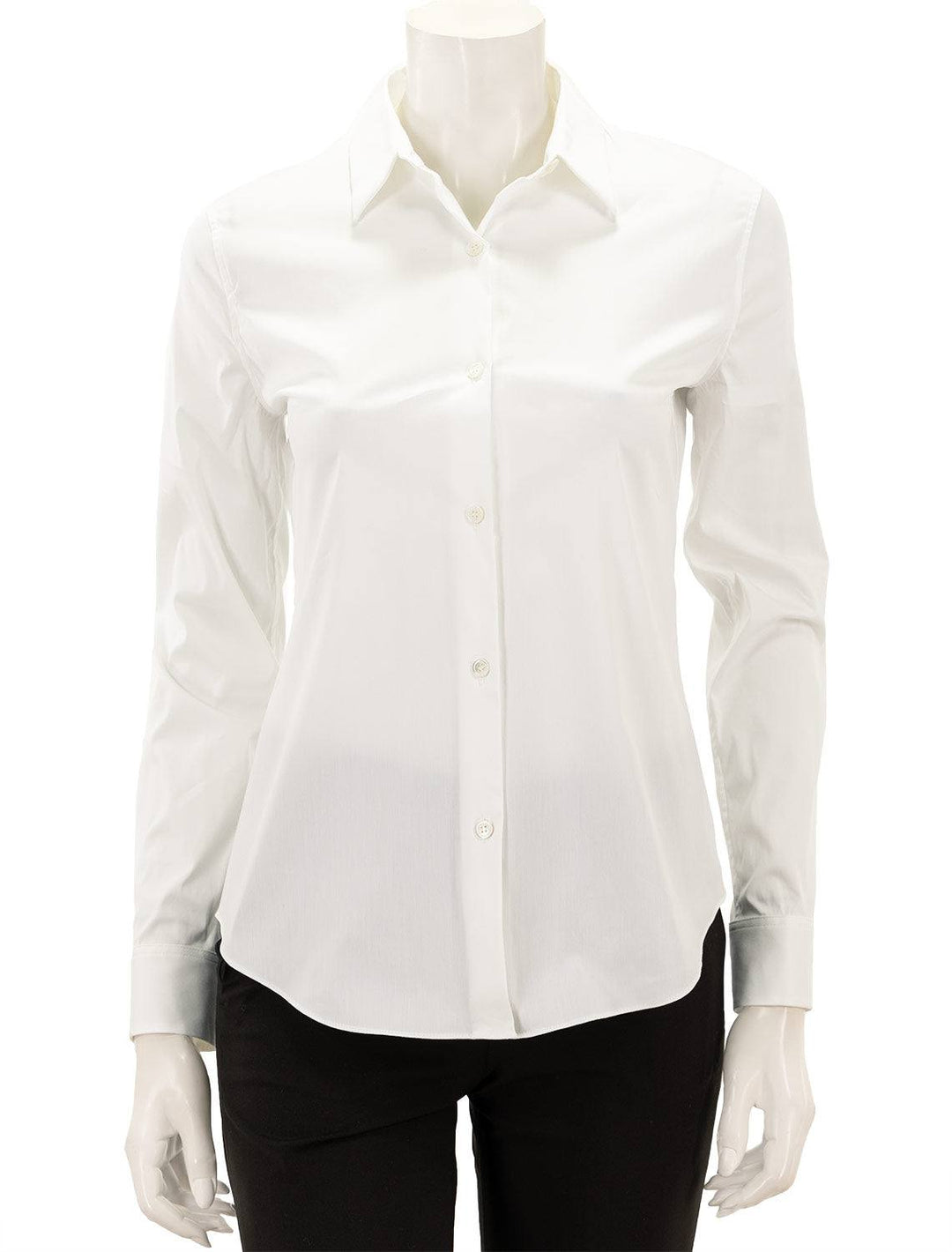 Front view of Theory's tenia luxe button up shirt in white.
