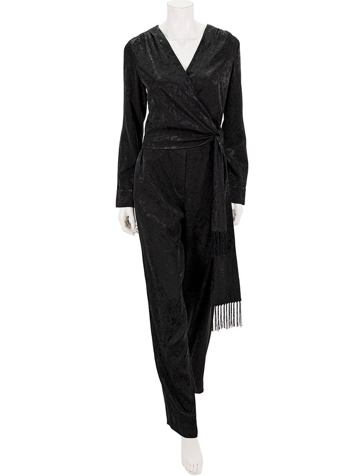 Front view of Jonathan Simkhai's julia jacquard wrapped jumpsuit in black.