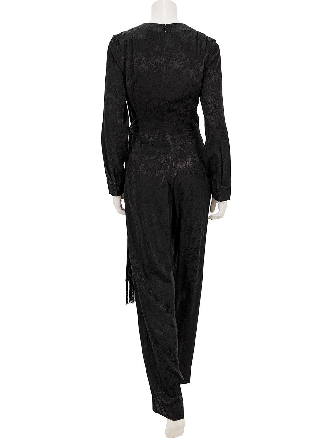 Back view of Jonathan Simkhai's julia jacquard wrapped jumpsuit in black.