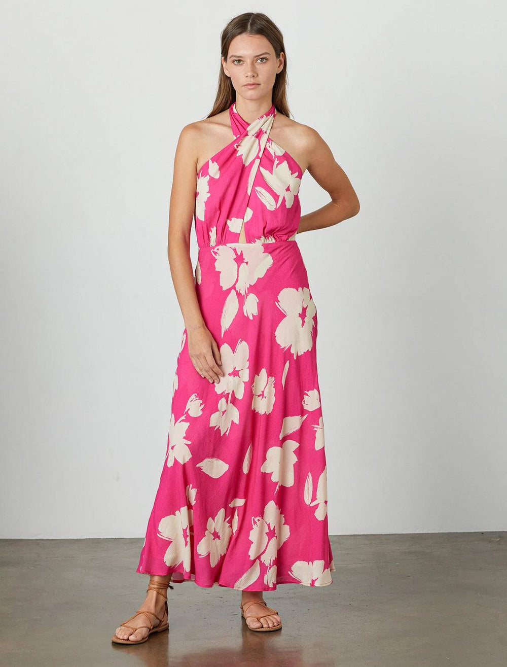 model wearing the tatum dress in pink caicos print