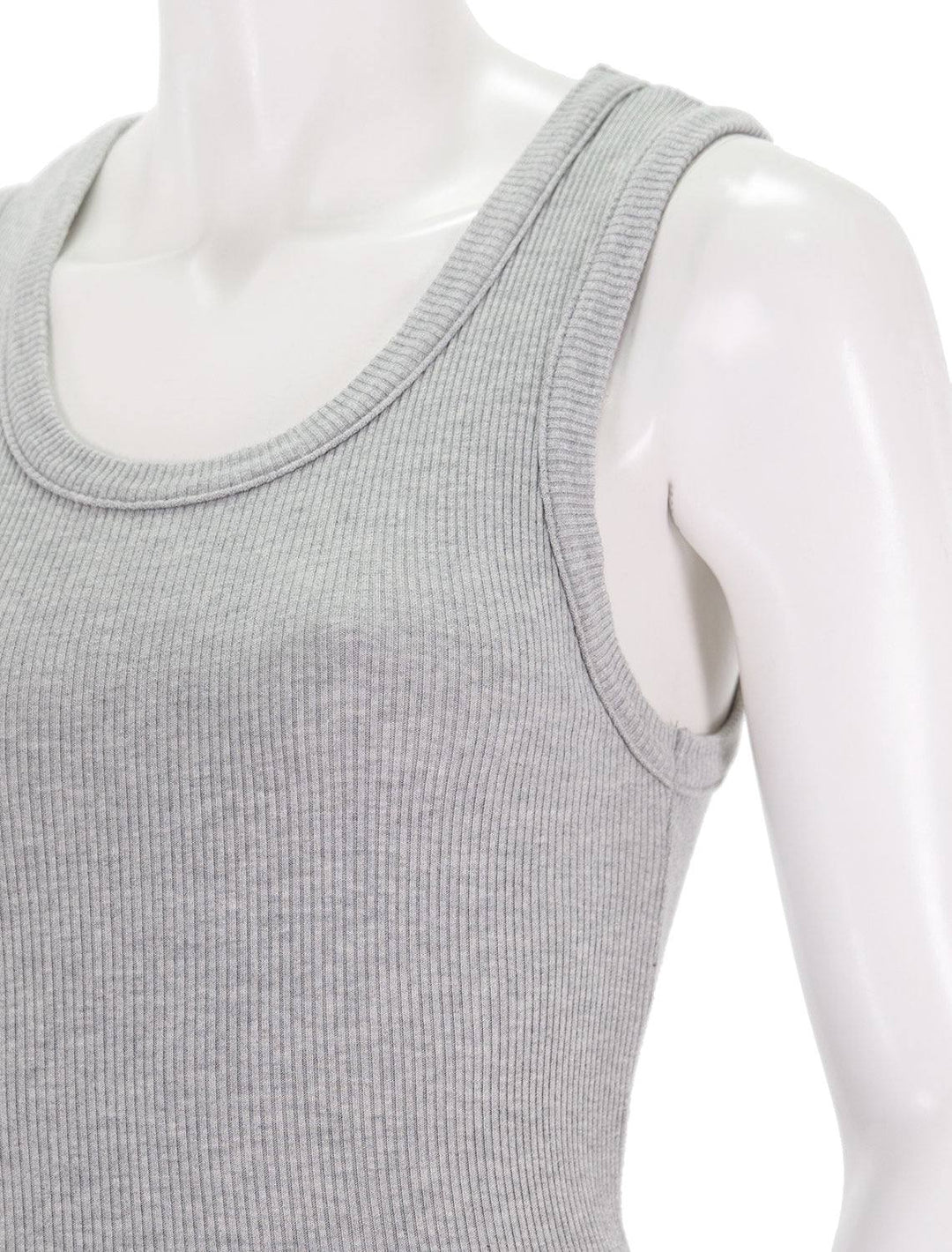 close up view of poppy tank in heather grey ribbed fabric
