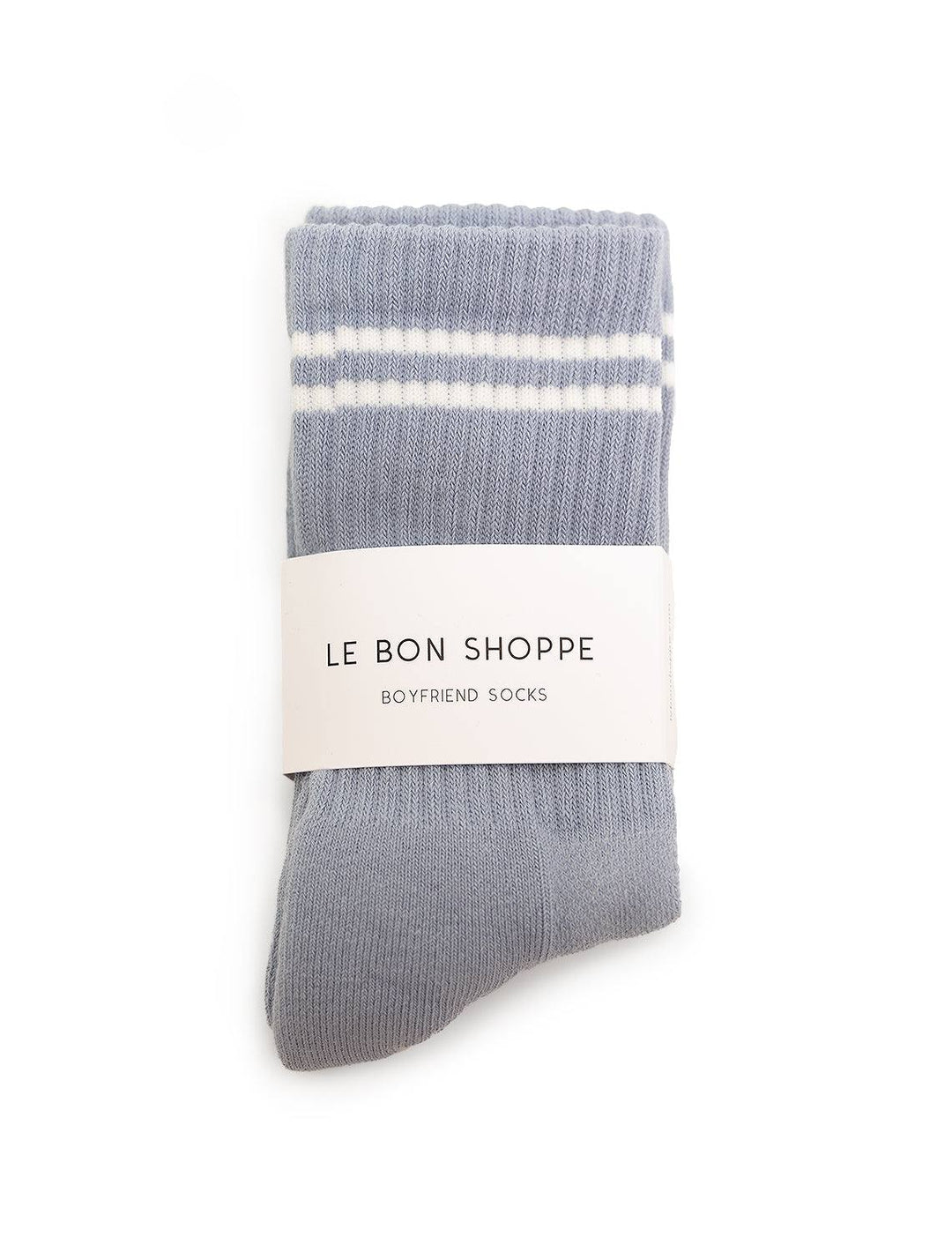 Front view of Le Bon Shoppe's boyfriend socks in blue grey.