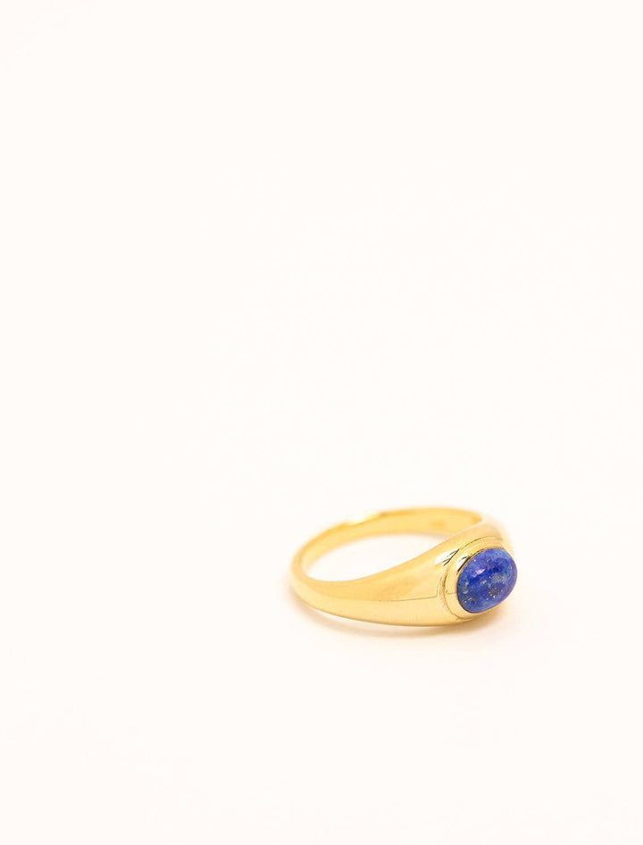 close up view of oval lapis signet ring