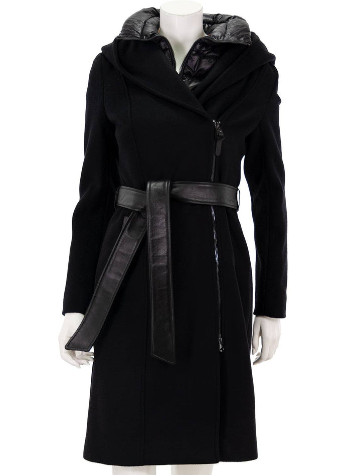 front view of shia coat in black with leather trim