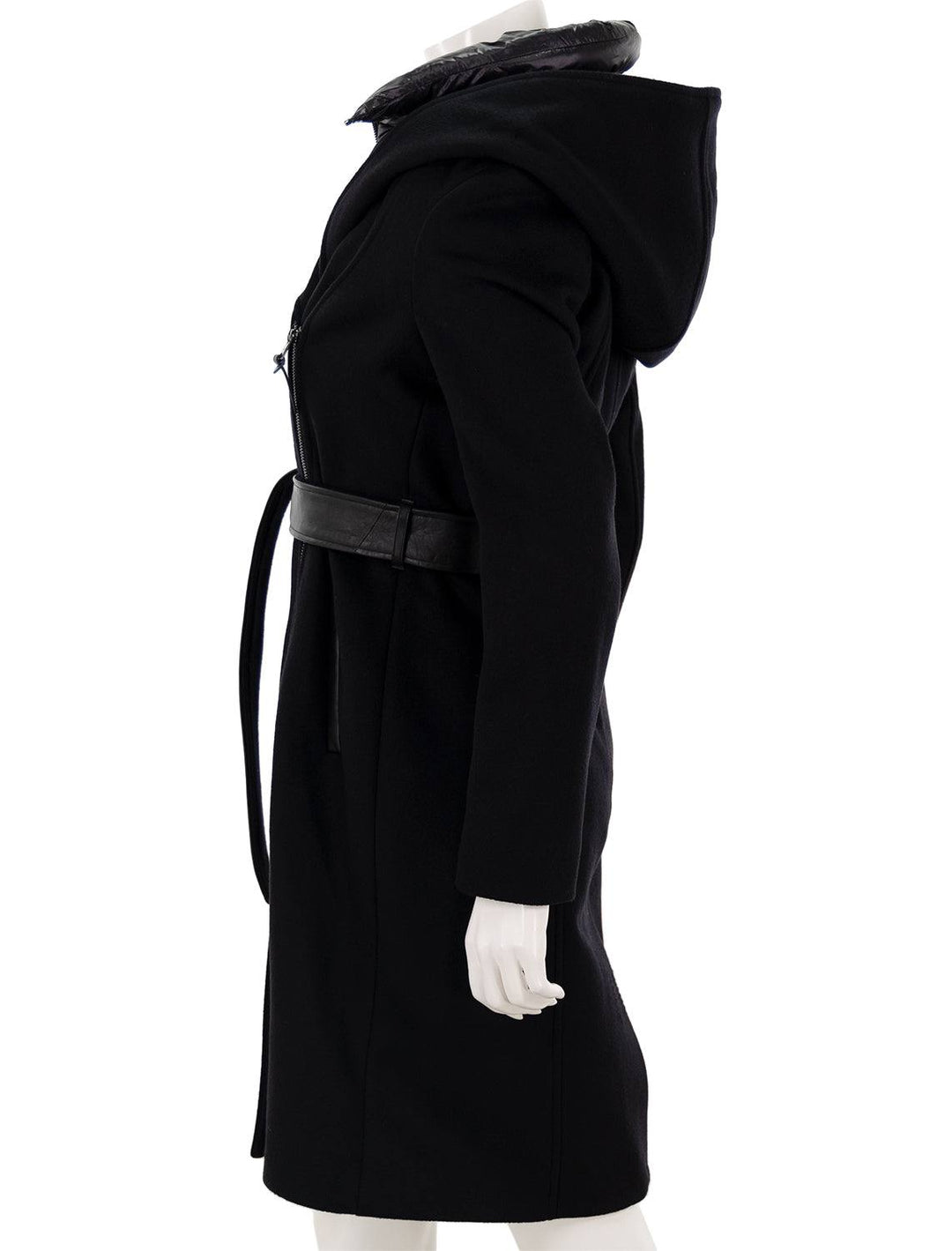 side view of shia coat in black with leather trim