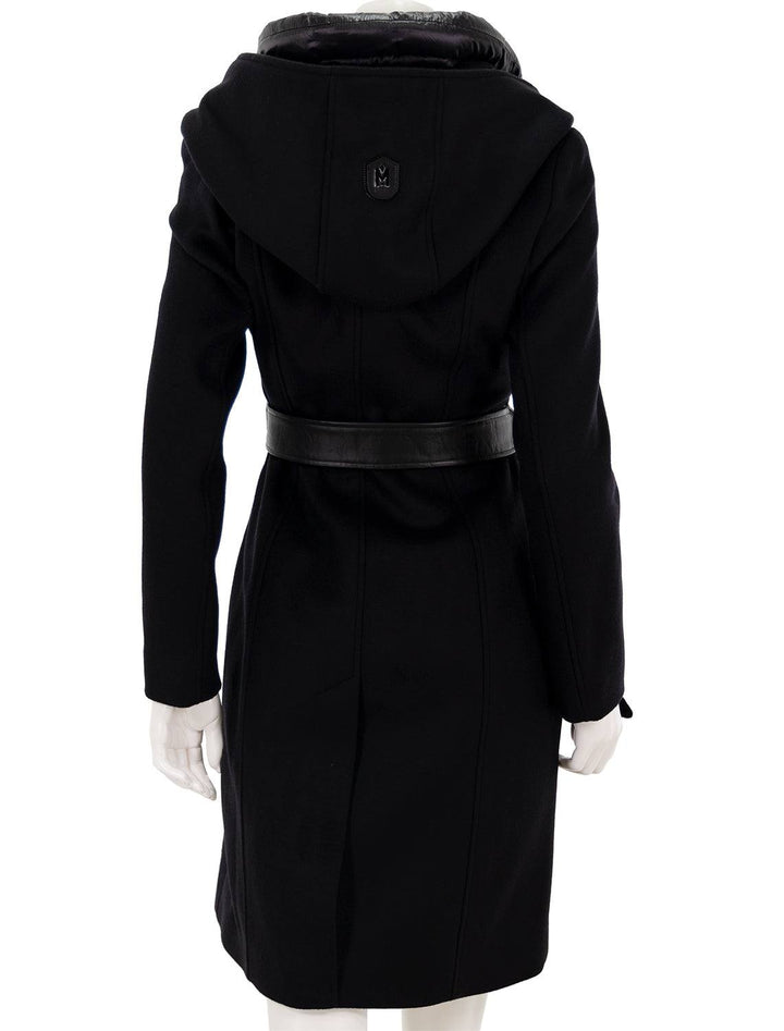back view of shia coat in black with leather trim