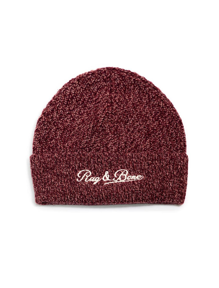 Front view of Rag & Bone's Wool Cashmere Beanie in Burgundy Multi.