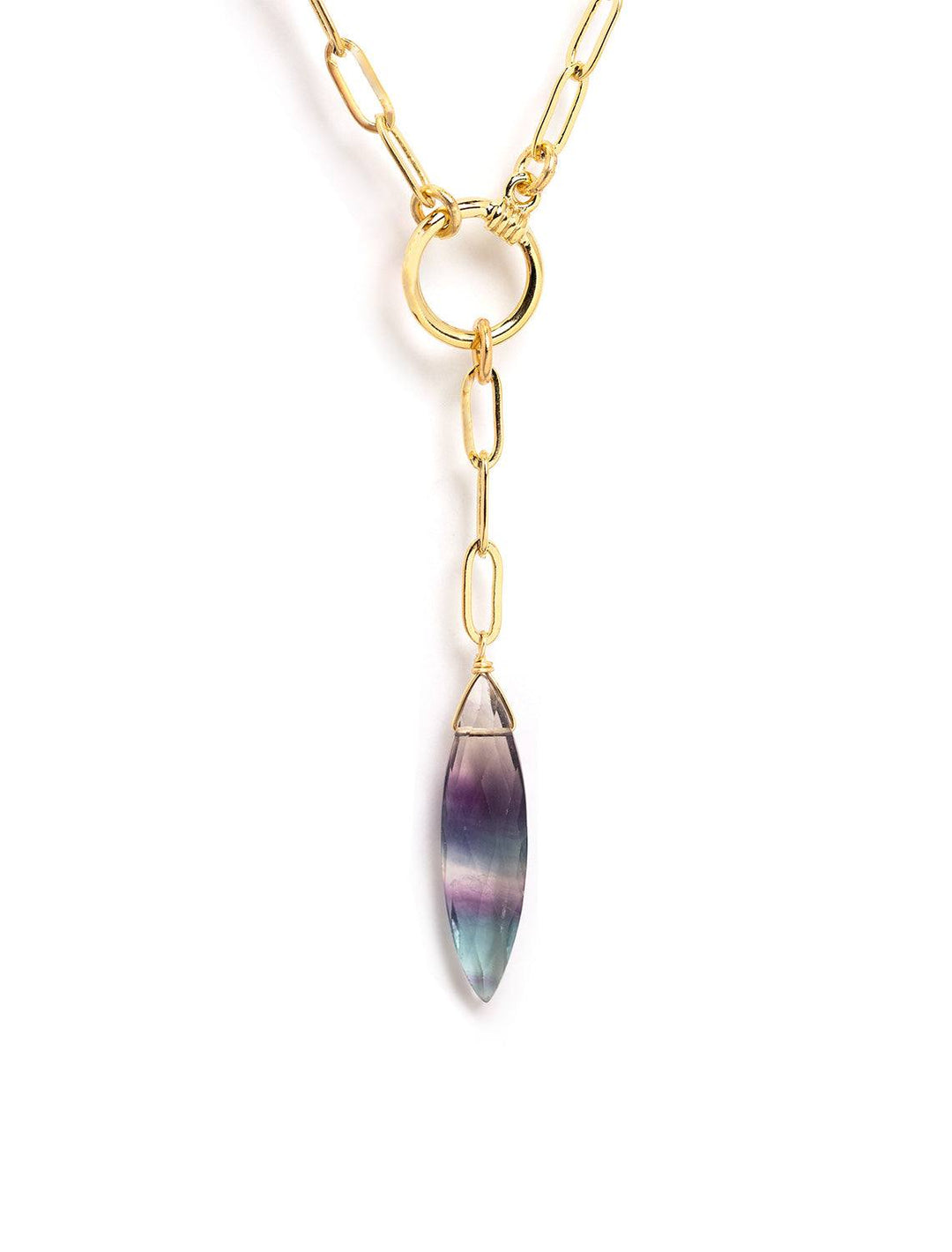 detail view of leila navette ynecklace in labradorite gem