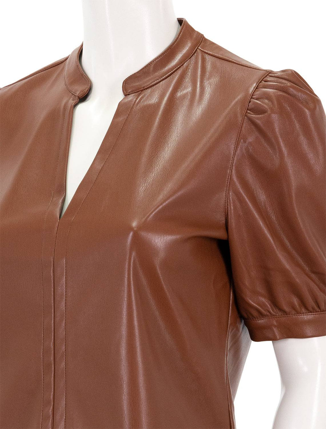 close up shoulder view of jane top in cognac