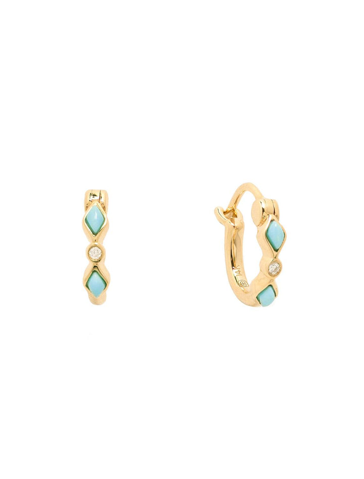 left earring is a front view of the turquoise diamond bezel huggie hoops. there are two diamond turquoise stones with a single diamond in the middle. the right earring is an angled view of the hoops showing the hinged back and engraving of sydney evan logo and 14k