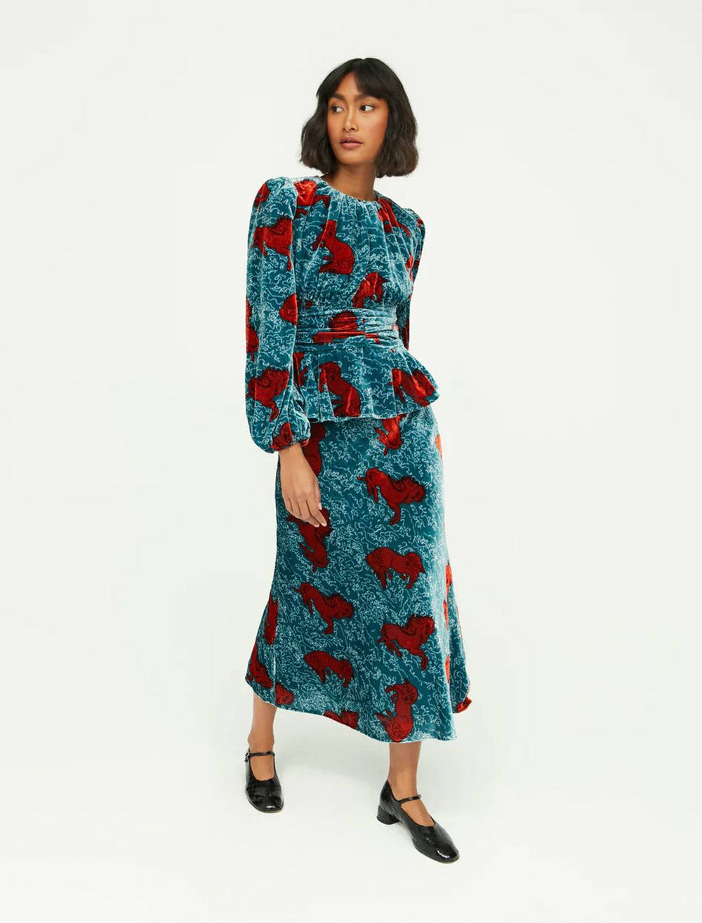 modelw earing aileen top in shetland pony blue ice with a matching skirt and black mary janes