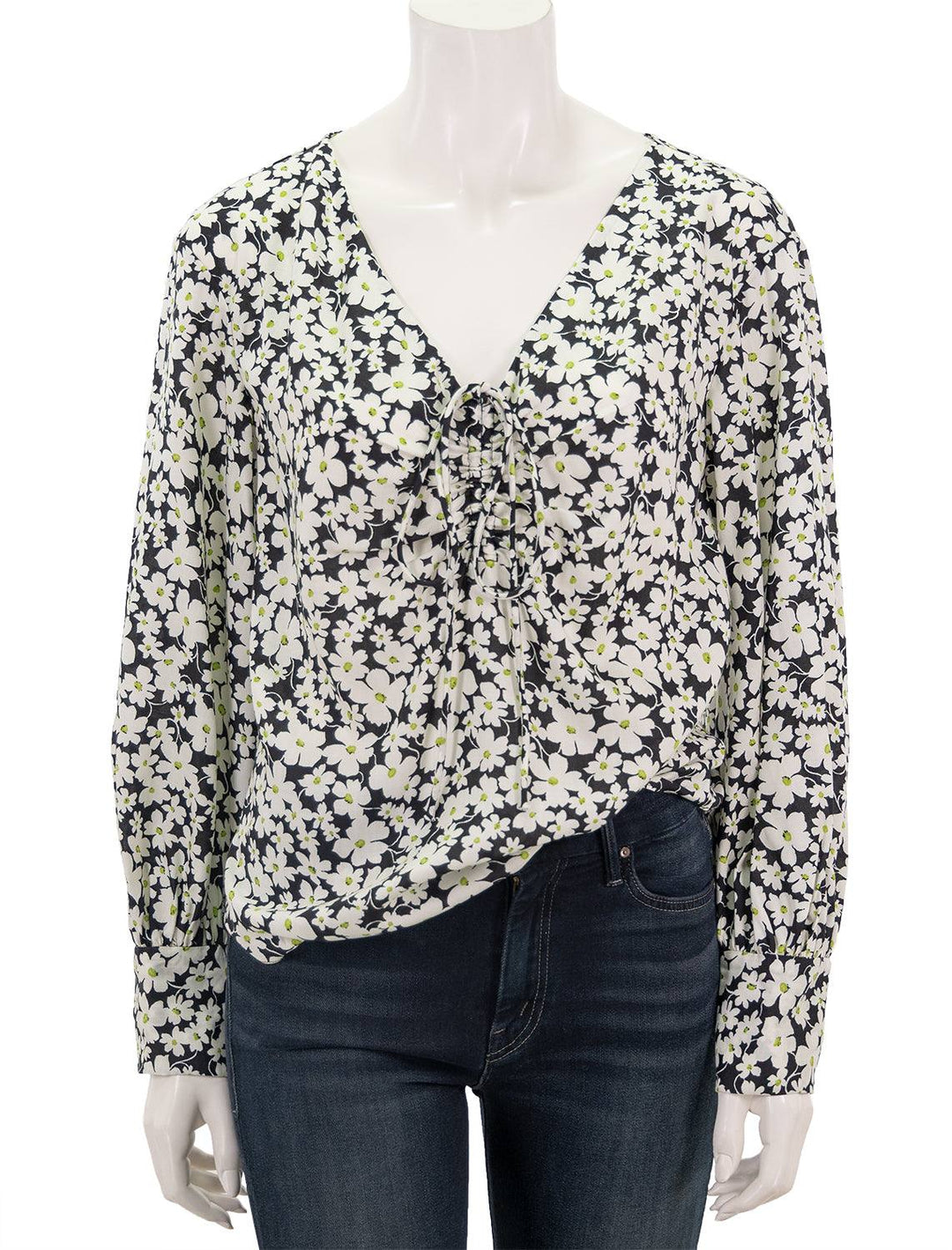 Front view of Rebecca Taylor's Drawstring Long Sleeve Blouse in Paige Fleur Black Combo.