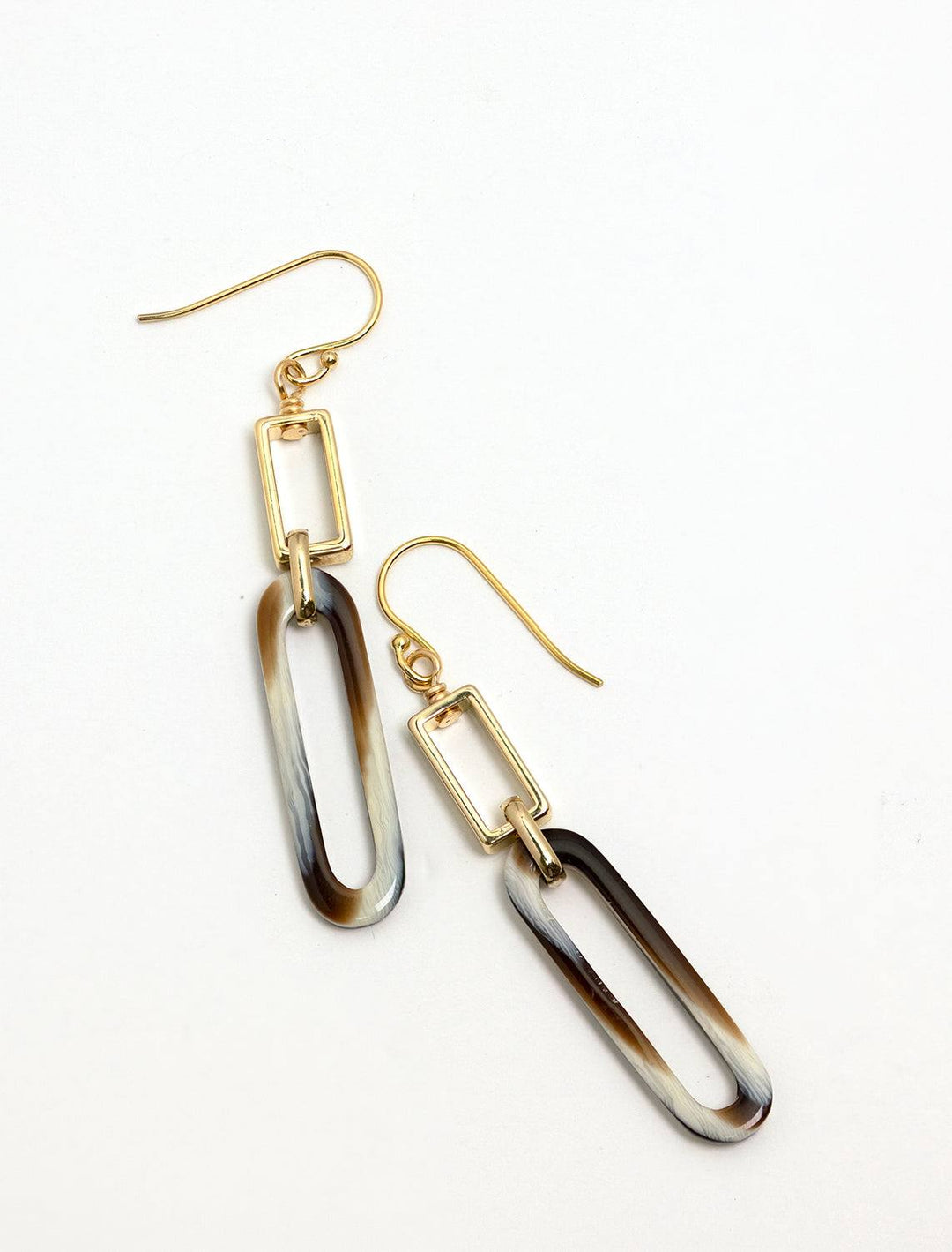 a closer view of the lucite earrings showing different color tones found in the lucite paperclip link