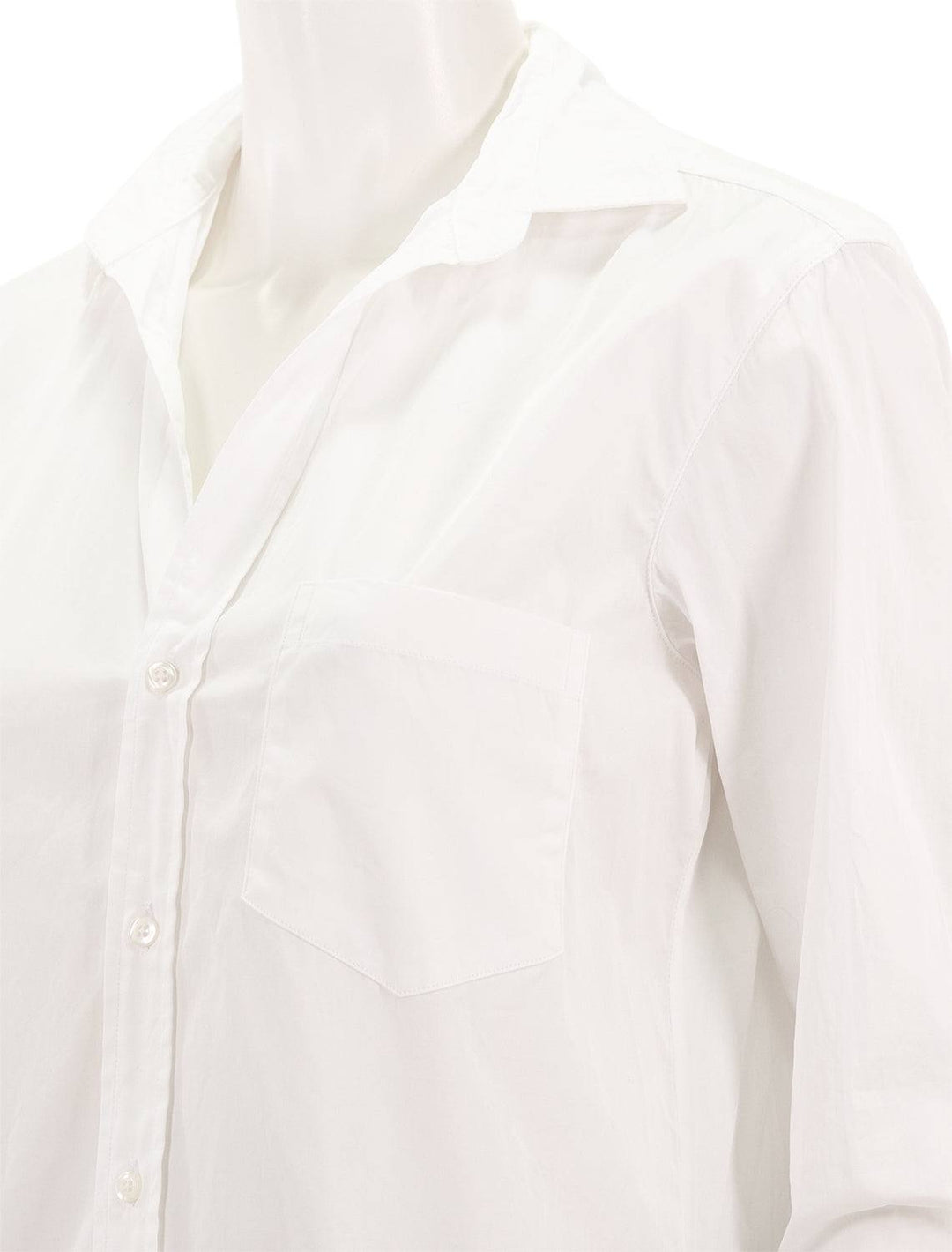 Close-up view of Frank & Eileen's joedy shirt in white superluxe italian cotton.