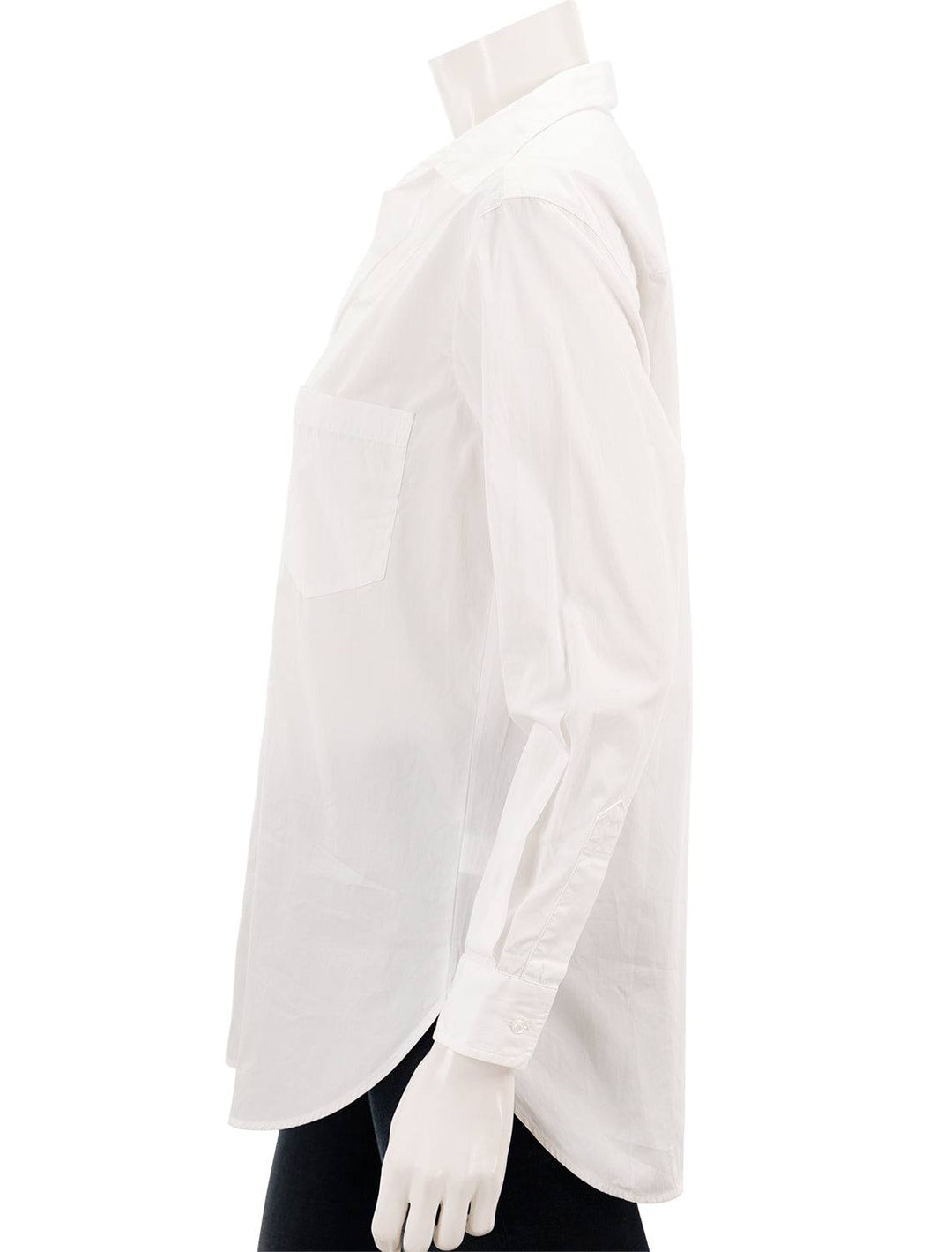 Side view of Frank & Eileen's joedy shirt in white superluxe italian cotton.